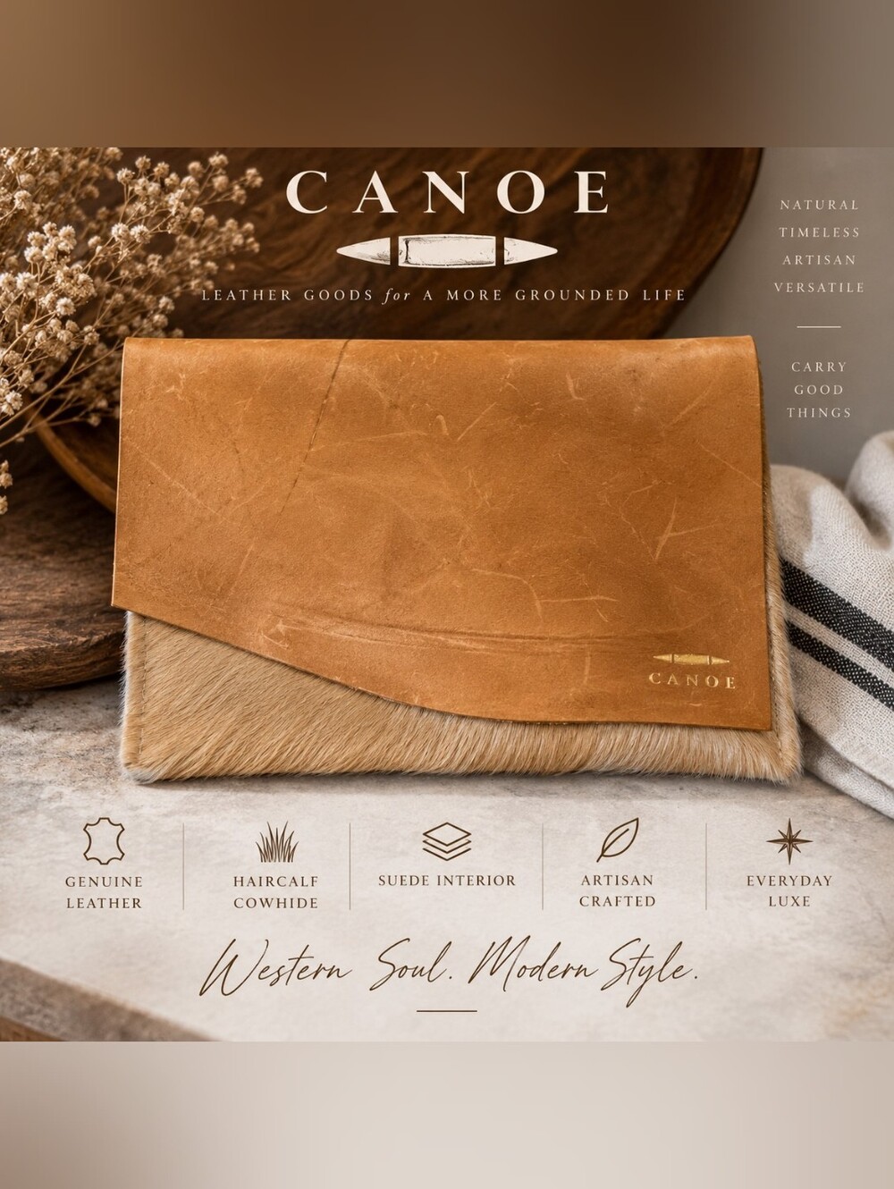 CANOE Haircalf Cowhide & Leather Envelope Clutch Camel